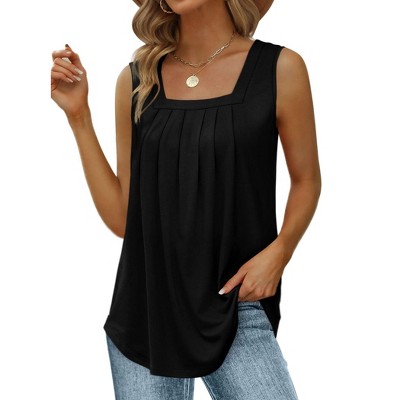 Women's Tank Tops Loose Fit Pleated Square Neck Sleeveless Tops Shirts Curved Hem Summer Outfit
