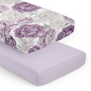 Sweet Jojo Designs Girl Fitted Crib Sheets Set Peony Floral Garden Purple Ivory and Green 2pc - 1 of 4