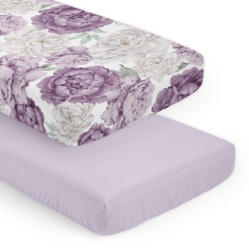 Sweet Jojo Designs Girl Fitted Crib Sheets Set Peony Floral Garden Purple Ivory and Green 2pc - image 1 of 4