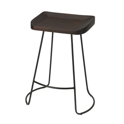 26" Dark Brown and Black Backless Wood Metal Counter Stool