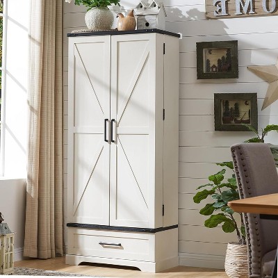 SinCiDo 72" Farmhouse Storage Cabinet, Kitchen Storage Upright Cabinet, w/ 2 Barn Doors & Adjustable Shelves, a Drawers,Multi Functional Large Cabinet