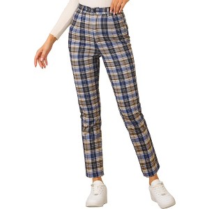 Allegra K Women's Plaid Tartan High Waisted Button Casual Pants - 1 of 4