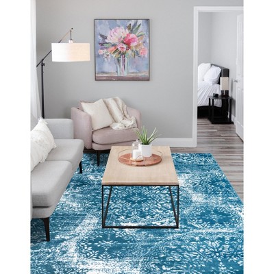 Blue and White Synthetic Low Pile Bohemian Area Rug
