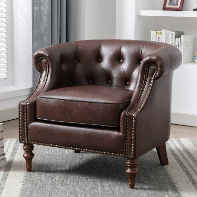Chesterfield Brown Faux Leather Barrel Accent Chair