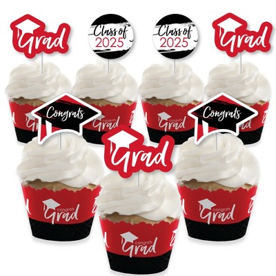 Big Dot of Happiness 2025 Red Graduation Cupcake Decoration - Party Cupcake Wrappers and Treat Picks Kit - Set of 24