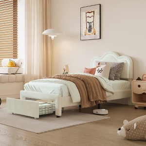 Twin Upholstered Bed Frame with Adjustable Mountain Headboard Kids Platform Bed Frame with Wooden Slats Support and RGB LED Light - 1 of 4