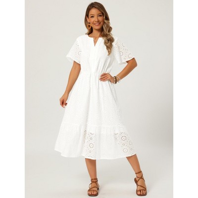 Женские платья INSPIRE CHIC Women's Lace Eyelet Summer V Neck Short Flutter Sleeve Flowy Beach A Line Midi Dress X-Large White — фото 3