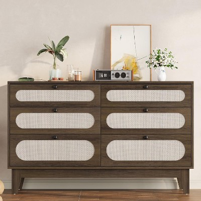 Rattan Dresser for Bedroom, 6 Drawers Dresser for Closet, Chests of Drawers, Oak Storage Dressers Cabinet