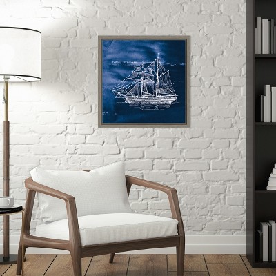 Indigo and White Sailing Ship Canvas Wall Art with Gray Frame