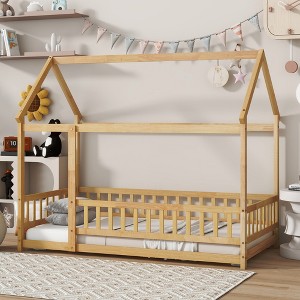 House Floor Wooden Bed with Roof Frame,Safety Guardrails - 1 of 4