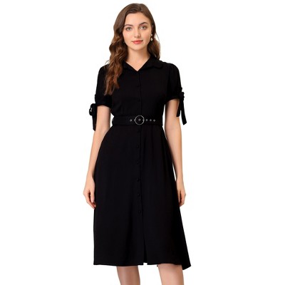 INSPIRE CHIC Women's Business Short Sleeve Pocket Belted Button Down Midi Shirt Dresses