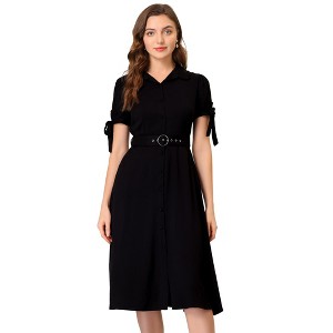 INSPIRE CHIC Women's Business Short Sleeve Pocket Belted Button Down Midi Shirt Dresses - 1 of 4