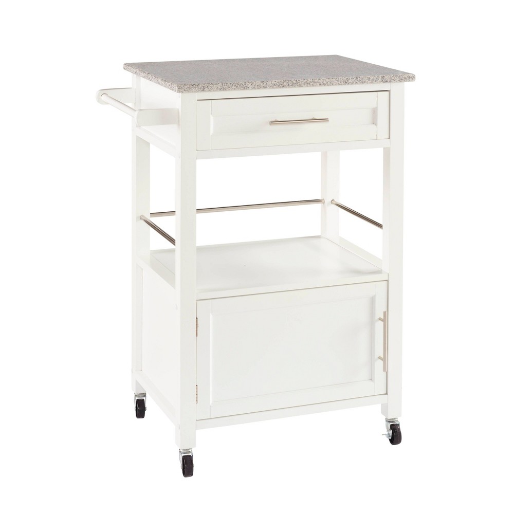 Linon Mitchell White Wood Granite Top Kitchen Cart: Towel Bar, Shelf, Pine Frame