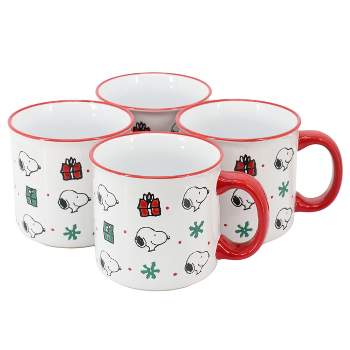 Peanuts Snoopy Christmas Gift 4 Piece 21 Ounce Stoneware Camper Mug Set in White and Red
