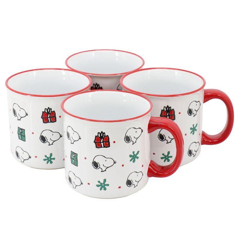 Peanuts Snoopy Christmas Gift 4 Piece 21 Ounce Stoneware Camper Mug Set in White and Red, 1 of 7