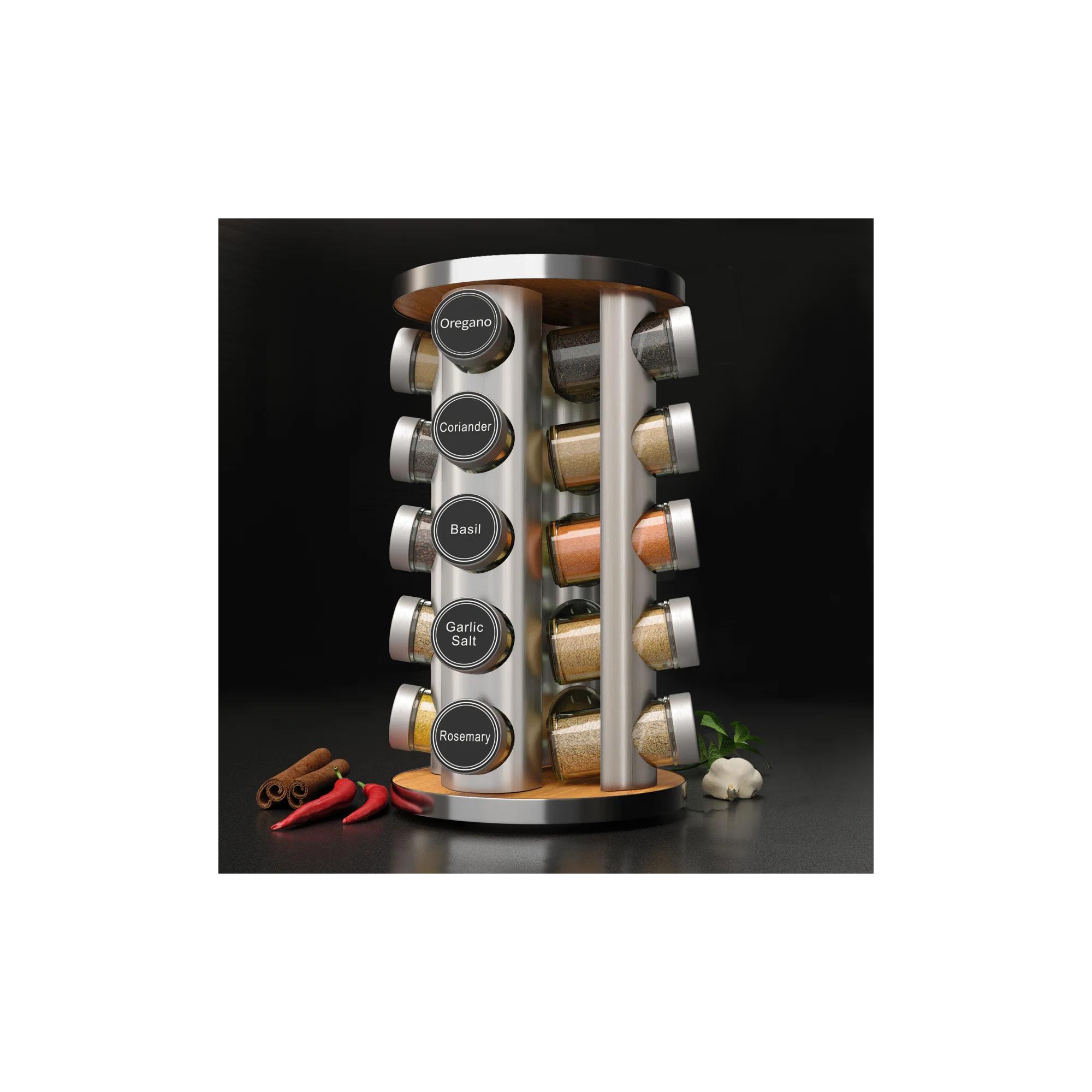 Rotating Spice Rack Organizer with 20 Glass Jars and 386 Labels – Revolving Countertop or Cabinet Spice Holder