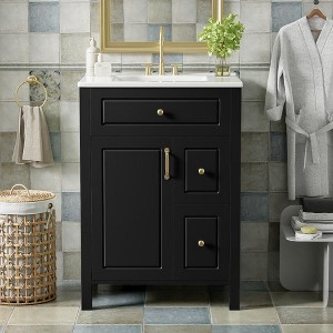 Gulches Modern 24-Inch Bathroom Vanity with Ceramic Sink, Soft Close Door & Drawers, Dual Storage Racks - 1 of 4