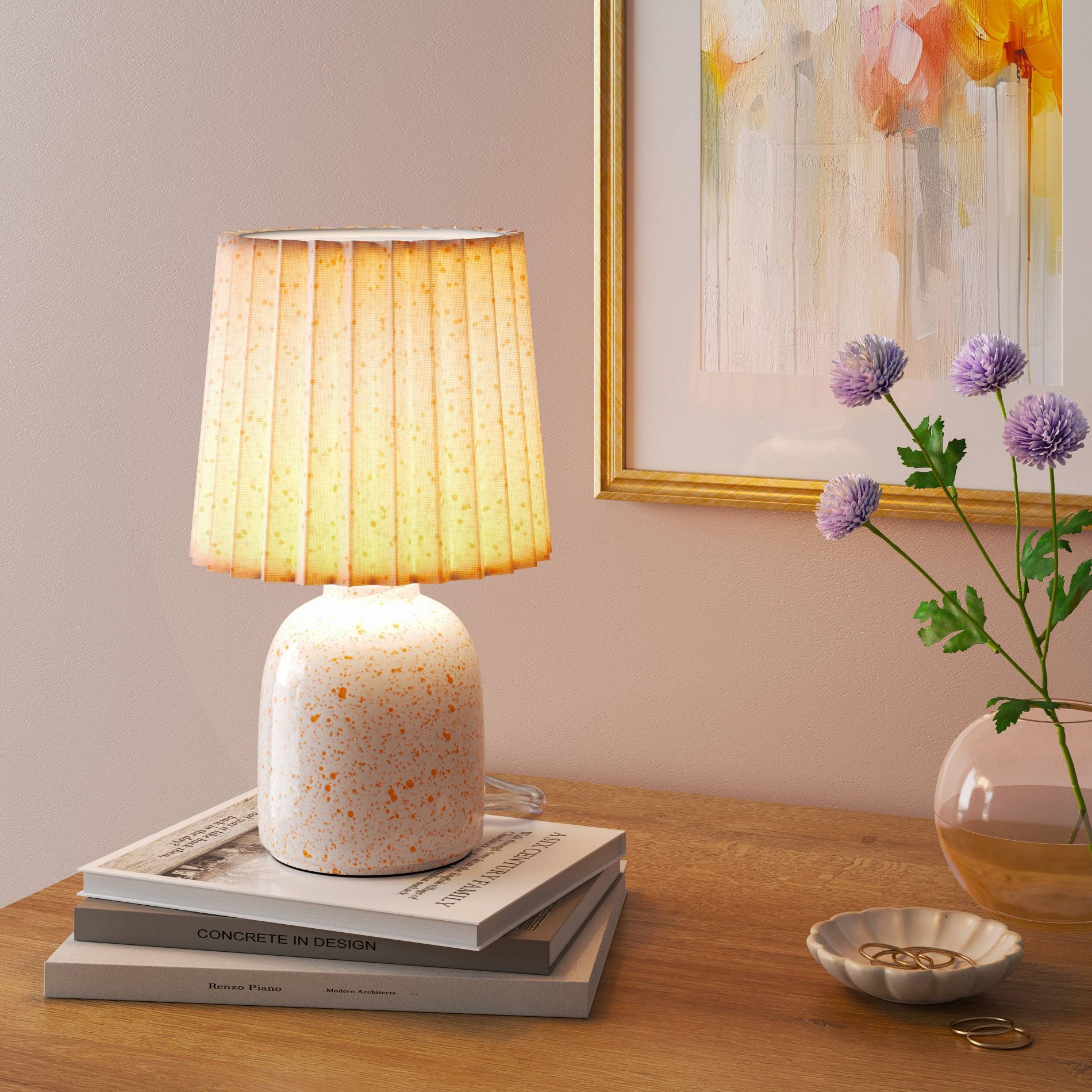 Mini Printed Ceramic Base Table Lamp with Printed Pleated Shade Peach - Room Essentials™