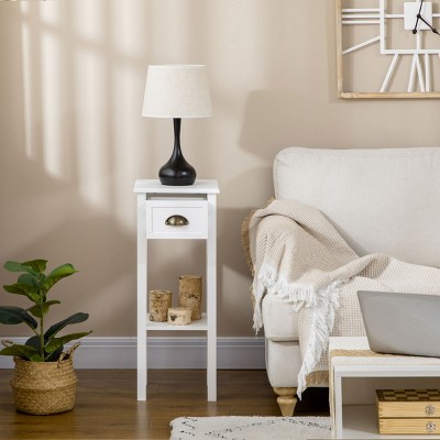 FURNIinspire End Tables Slim Side Table Living Room Sofa Table 2-Tier Narrow Night Stand with Drawer Shelf for Bedroom, White, 11.8"*11.8"*29.5"