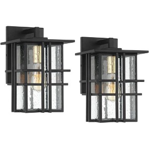 Possini Euro Design Arley Modern Industrial Outdoor Wall Light Fixtures Set of 2 Black 12" Seedy Glass for Post Exterior Barn Deck House - 1 of 4