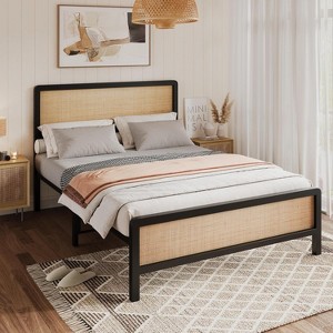 Boho Rattan Bed Frame with Headboard and Footboard, Black Metal Platform Bed - 1 of 4