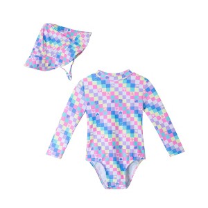 Andy & Evan  Infant  Check Print Ruffle Back Rashguard w/Hat - 1 of 4