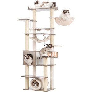 Cat Tree, Wooden Cat Tower, Modern Cat Apartment, with Scratching Posts, Cat Tunnels, Small Houses, Feeding Station, Hammock, Cat Playground - 1 of 4