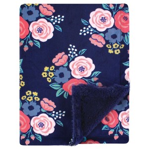 Hudson Baby Infant Girl Plush Blanket with Furry Binding and Back, Navy Bold Floral, One Size - 1 of 2