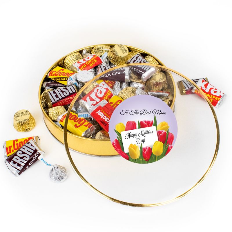 Mother's Day Chocolate Gift Tin - Plastic Tin with Candy Hershey's Kisses, Hershey's Miniatures & Reese's Peanut Butter Cups - Tulips - By Just Candy, 1 of 3