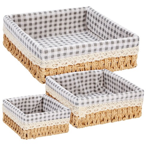 Storage Baskets, 3 Set, Woven Fabric Organiser Boxes for Shelves