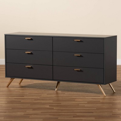 Kelson Dark Gray and Gold 6-Drawer Wood Dresser
