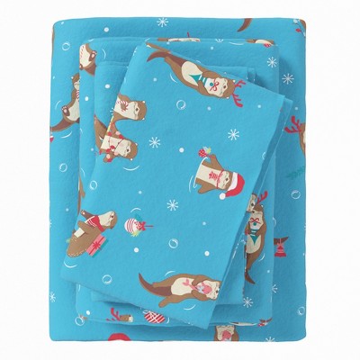 100% Cotton Christmas Flannel Sheet Set - Great Bay Home (Twin, Otters in Snow)