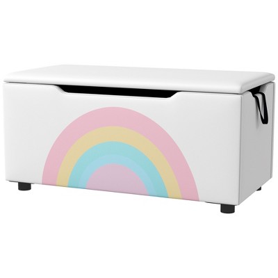 White Kids' Toy Storage Bench with Rainbow Graphic