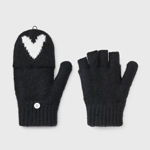 Girls' Cozy Heart Print Flip-Top Mittens - Cat & Jack™ Black/White - 1 of 3