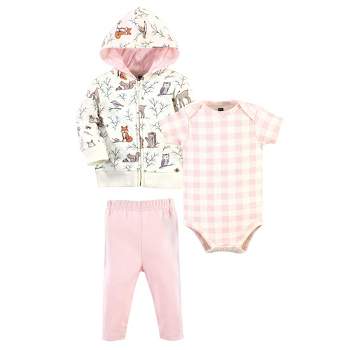 Hudson Baby Infant and Toddler Girl Cotton Hoodie, Bodysuit or Tee Top and Pant Set, Enchanted Forest Baby
