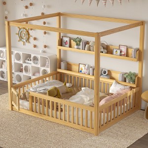Aortzio Full Size Solid Wood Floor Bed,Canopy Bed with Hight Guardrails & 2Shelves - 1 of 4