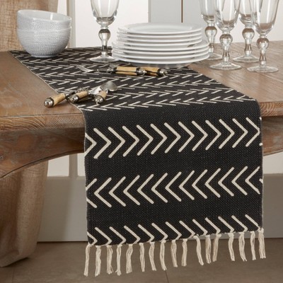 Black and White Cotton Chevron Table Runner with Fringe