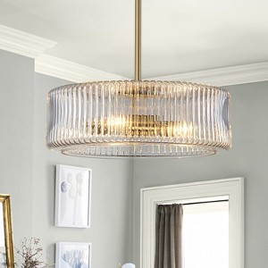 LLHZSY 14" Vertical Ribbed Drum Glass Shade Ceiling Chandelier Light, 3-Light Fixture, Gold - 1 of 4