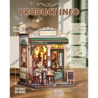 Детские куклы Etokfoks DIY Miniature Coffee Shop Book Nook Kit 233 pcs 3D Wooden Puzzle Mini House Building Kit with LED for Bookshelf Decor — фото 3