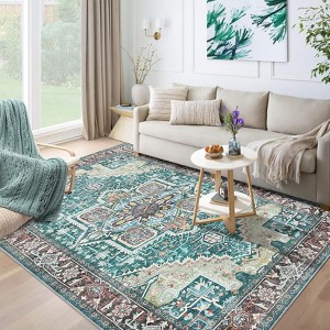 Machine Washable Area Rug 5x7 Oriental Medallion Indoor Rug with Non Slip Backing for Living Room Foldable Ultra Thin Traditional Floor Carpet - 1 of 4