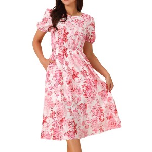 Seta T Women's Summer Casual Floral Puff Sleeve Round Neck Cutout Waist Boho Midi Dress - 1 of 4