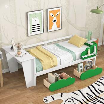 Twin Size Daybed with Desk, Green Tree Shape Shelves-ModernLuxe