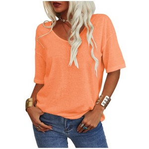 Imily Bela Women's Casual V Neck Half Sleeve Oversized T Shirt Solid Color Basic Top - 1 of 4