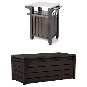 Keter Unity 40 Gallon Stainless Steel Top Grilling Bar Cart with Brightwood 120 Gallon Plastic Outdoor Furniture Storage Deck Box, Brown - 1 of 4
