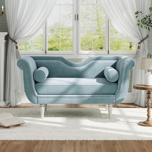 Christopher Knight Home Baird Velvet Bench with Nailhead Trim and Curved Arms, 2 Pillows and Wood Legs - 1 of 4