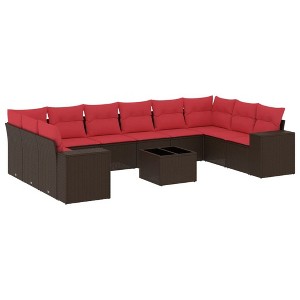 vidaXL 11 Piece Garden Sofa Set with Cushions Brown Poly Rattan - Brown and Red With Table - 1 of 4