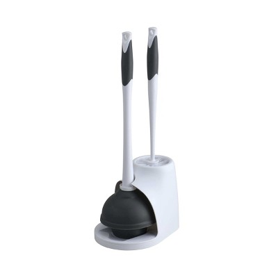 White and Black Toilet Plunger and Brush Set with Caddy