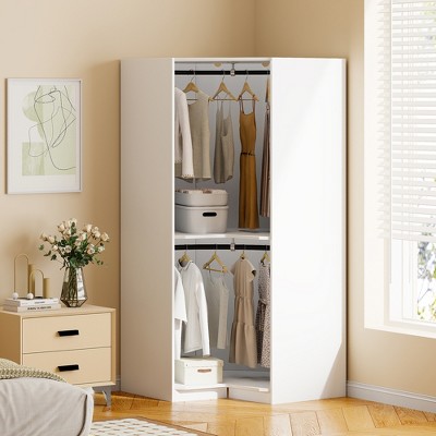 TIRAMISUBEST Polygon Corner Wardrobe Closet with Hanging, Bedroom Armoire Clothes Organizer with Dual Shelving Units