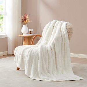 Snuggle Sac Faux Fur Checkered Throw Blanket, Fluffy Feather Yarn Blend Bedding Blankets for Couch or Bed - 1 of 4