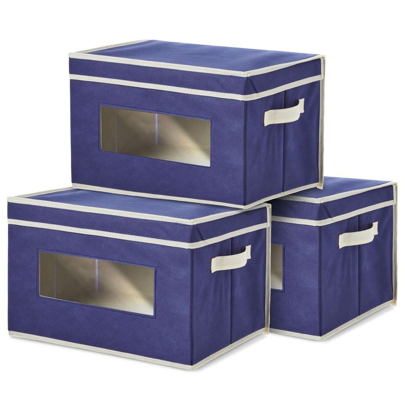 Juvale 3 Pack Collapsible Fabric Storage Bins, Cubes & Organizer with Handles, Shelf Baskets & Boxes for Organization, Navy Blue, 16.25 x 12 in, 1 of 10
